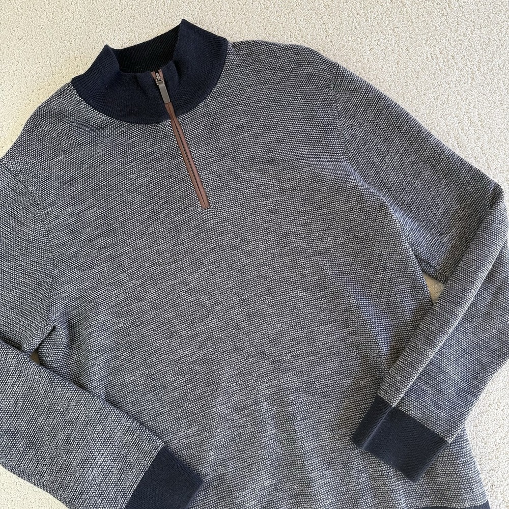 UNTUCKit Belguardo Jacquard Half Zip Sweater Men's Large Navy 100% Merino‎ Wool